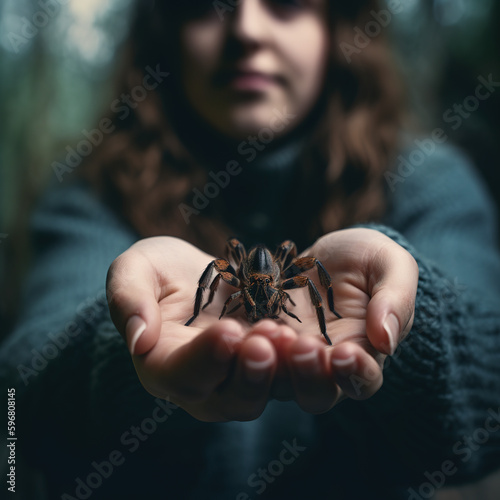 A woman holding a tarantula in their outstretched hands. Generative AI