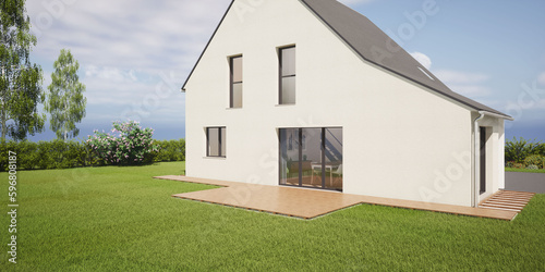 Terrasse en bois, étapes d'avancée des travaux de mise en œuvre d'un aménagement extérieur, rendu 3d photo