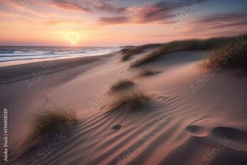Beach and sand landscape photo on a slightly foggy summer morning. Generative AI