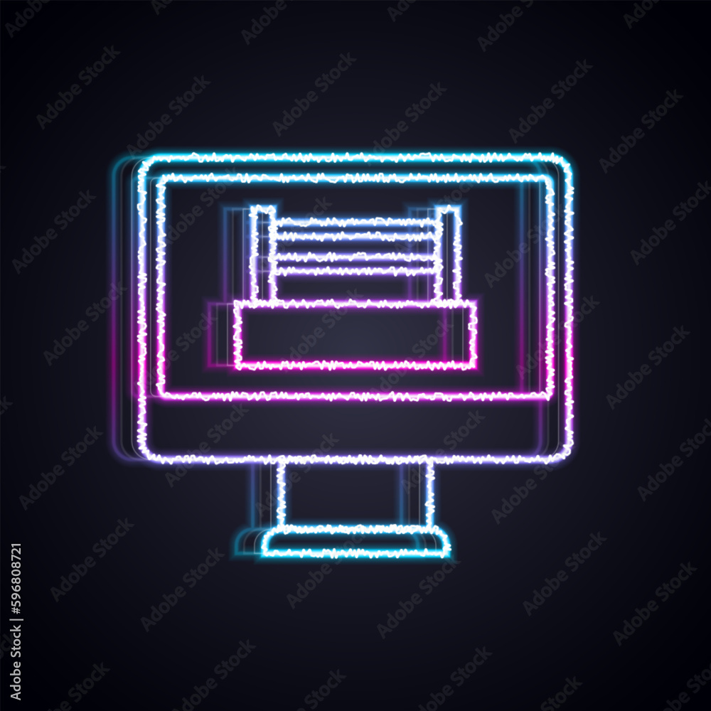 Glowing neon line Boxing ring show at television screen monitor icon isolated on black background. Vector Glowing neon line Boxing ring show at television screen monitor icon isolated on black background. Vector