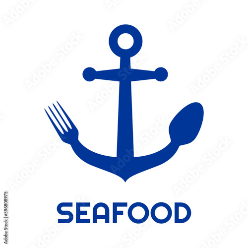 Logo restaurante con texto Seafood con silueta de tenedor y cuchara con forma de ancla de barco