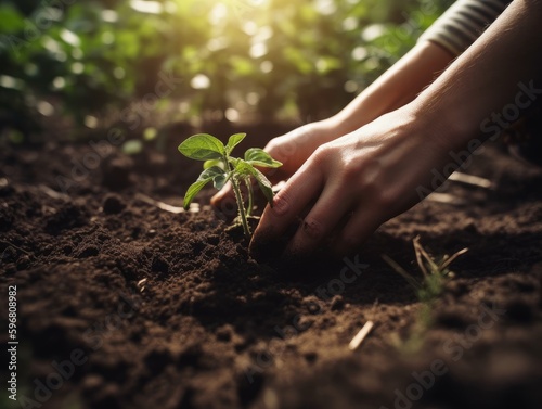 Close-up of hands holding a plant and planting it in a garden with a blurred background of other plants.