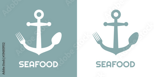 Logo restaurante con texto Seafood con silueta de tenedor y cuchara con forma de ancla de barco