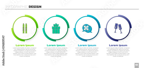 Set Ski and sticks, Gift box, Snowflake speech bubble and Glass of champagne. Business infographic template. Vector