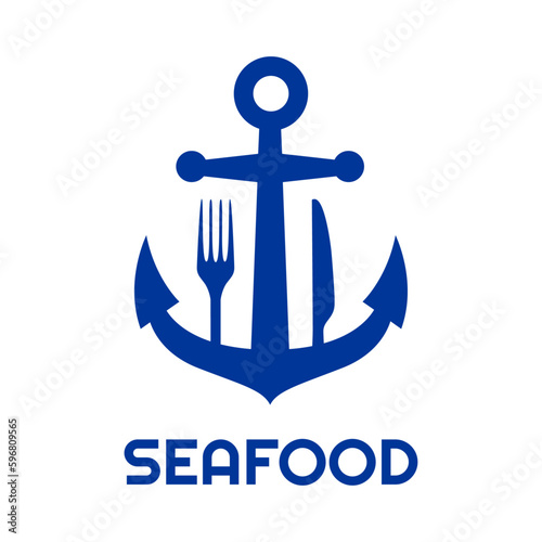 Logo restaurante con texto Seafood con silueta de ancla de barco con tenedor y cuchillo