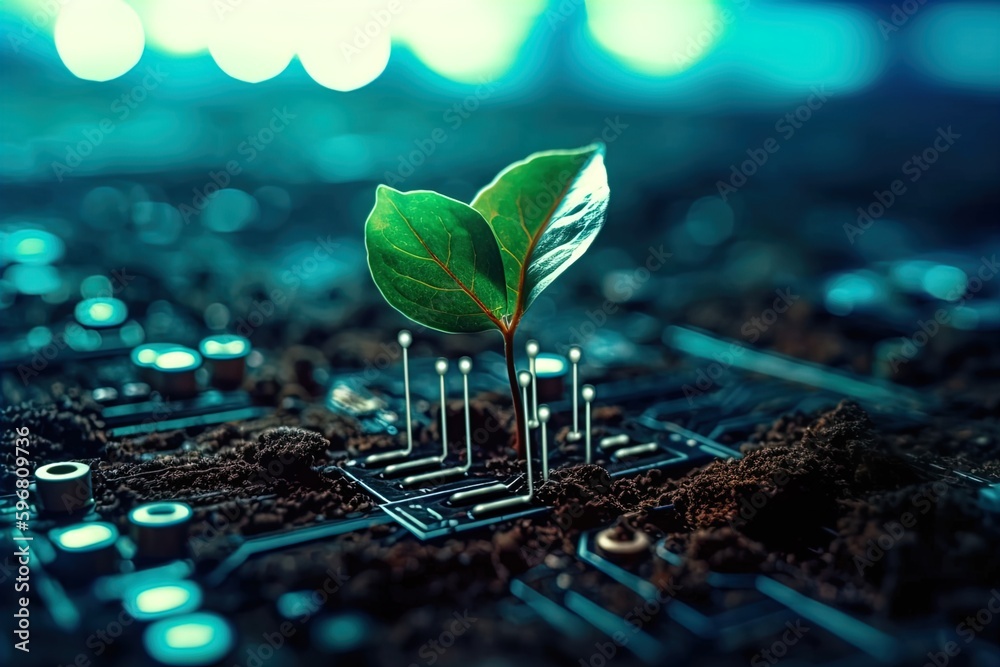 Harmony of Nature and Technology: Sustainable Seed Planting and Digital Technology Fusion in UHD Image Style in 8K created with generative AI technology - obrazy, fototapety, plakaty 