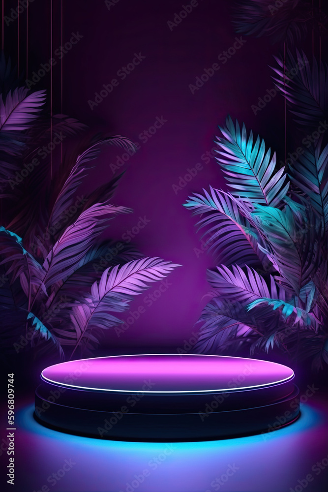 Obraz premium Purple podium wuth light and tropical leaves, backdrop, generative ai illustration