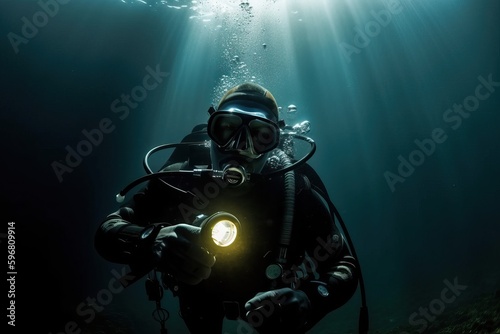 Underwater driver on the bottom of the sea with a lantern to illuminate the bottom and the path,generative AI. © Niko_Dali