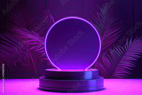 Elegant purple product podium with a neon ring and tropical leaves, generative ai illustration photo