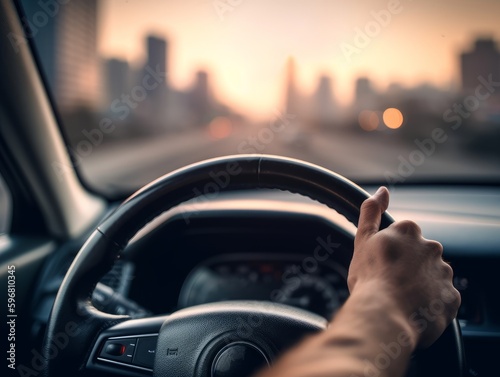 A hand holding a steering wheel with a blurred road or cityscape background