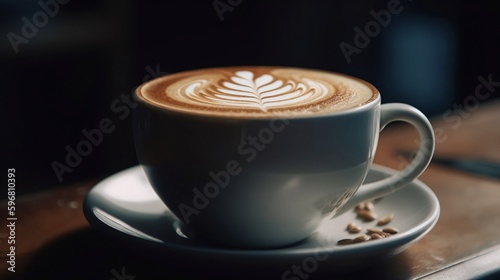 A close-up of a cup of coffee with latte art