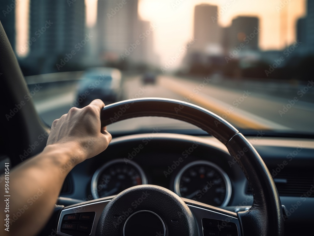 A hand holding a steering wheel with a blurred road or cityscape background A hand holding a steering wheel with a blurred road or cityscape background