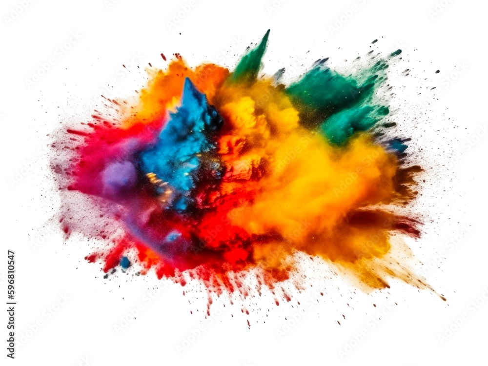 Freeze motion of colored powder explodes on white background. Abstract colorful explosion. Generative AI