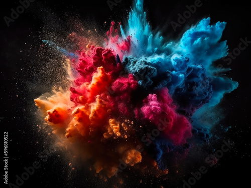 Freeze motion of colored powder explodes on black background. Abstract colorful explosion. Generative AI