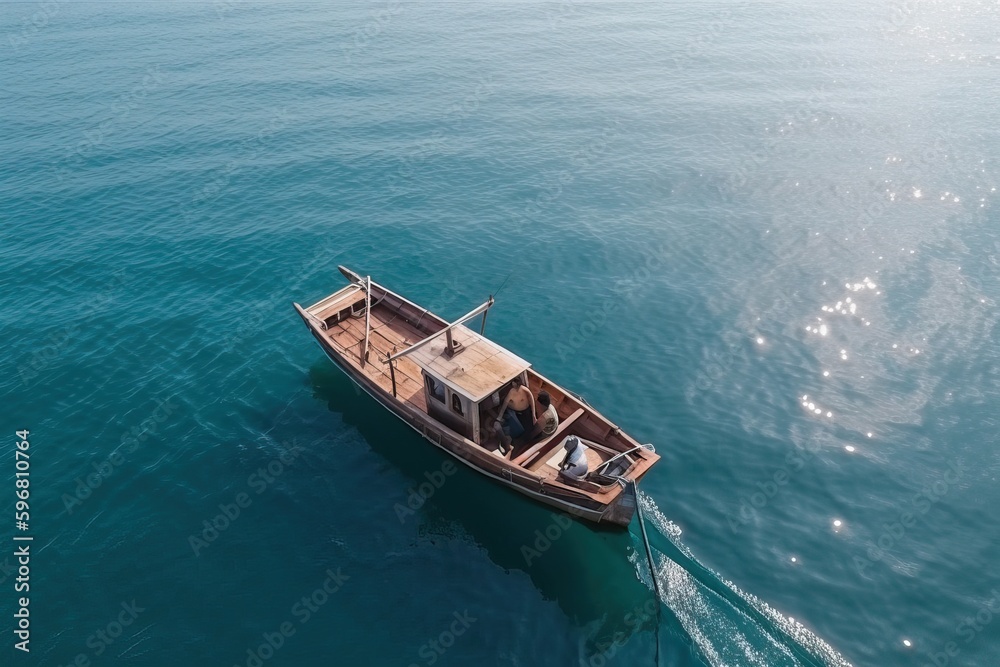 Fishing schooner from above, top view of fishing boat, generative AI.