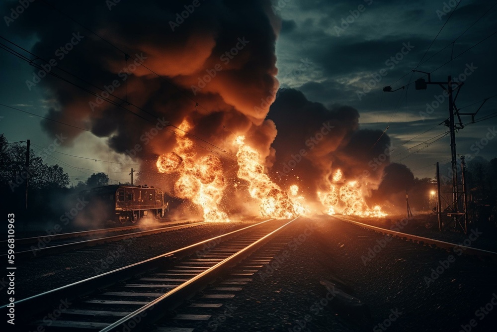 Explosions light up a railroad at night, billowing fiery smoke. Generative AI