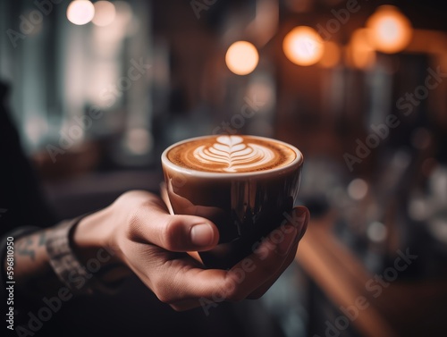 Hands holding a coffee cup with a blurred cafe background