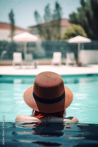 Generative AI illustration of Young woman with long hair wearing hat relaxing in swimming pool at tourist resort during © Eduardo Lopez