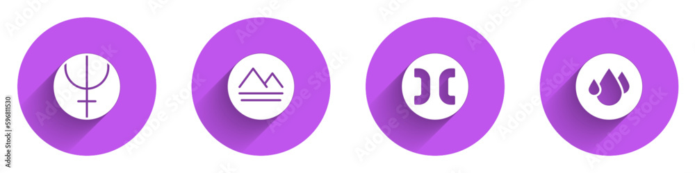 Set Neptune planet, Earth element, Pisces zodiac and Water drop icon with long shadow. Vector
