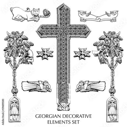 Georgian traditional decorative elements set. Church facades Architectural flourishes. Sketch style drawing isolated on white background. EPS 10 vector illustration.