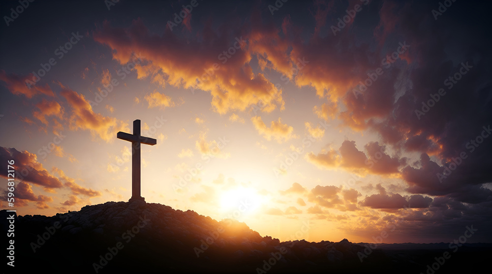 A large cross on a rocky mountain, Calvary, against a dramatic sky with dark clouds and sunlight. Generation of AI