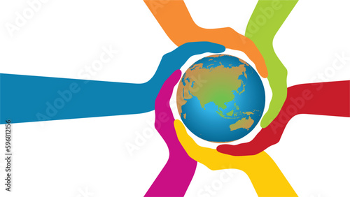 Banner with colorful hands holding planet Earth in a ring. Responsibility, sustainability, teamwork and cooperation. Dimension 16:9.