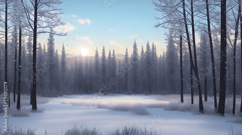 Winter landscape with a clearing in the forest, snow-covered trees in the forest during sunset. Generation  AI © Volodymyr