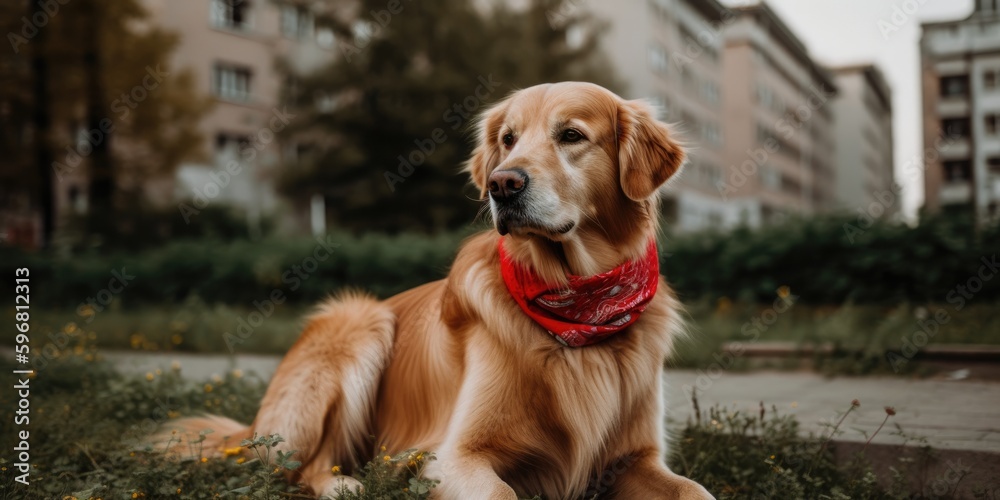 golden retriever sitting on the grass with a red bandanna