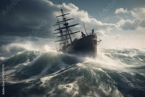 A ship battles a great stormy wave in an illustration. Generative AI © Amalthea