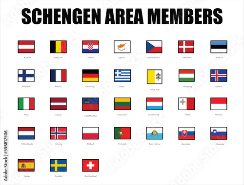 Schengen Area members with national flags 