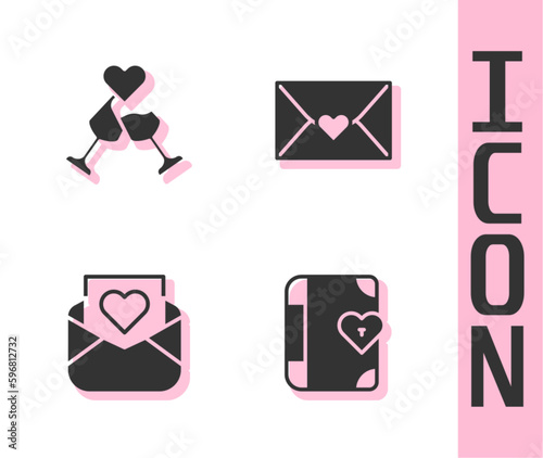 Set Love diary, Glass of champagne, Envelope with Valentine heart and icon. Vector