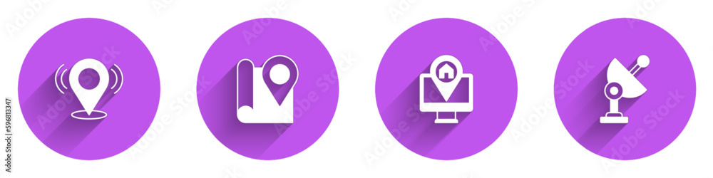 Set Map pin, Folded map with location marker, Monitor and Radar icon with long shadow. Vector Set Map pin, Folded map with location marker, Monitor and Radar icon with long shadow. Vector