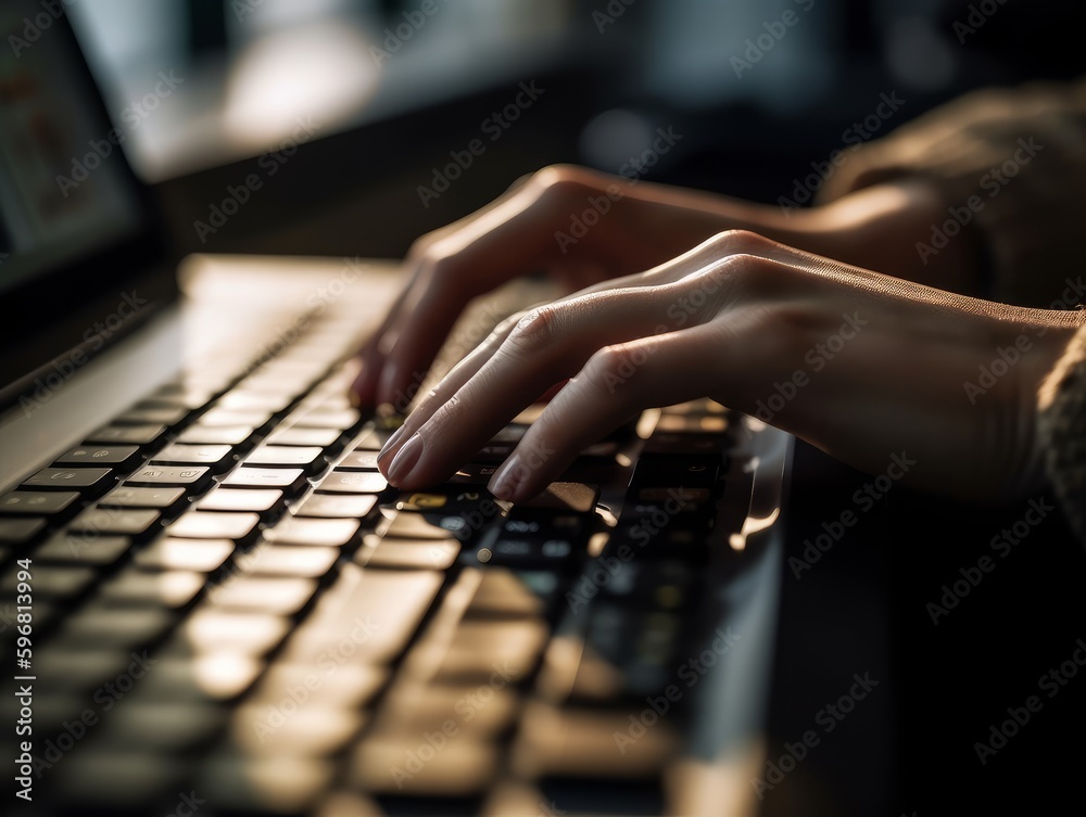 Fototapeta premium Hands typing on a laptop keyboard with a blurred office background