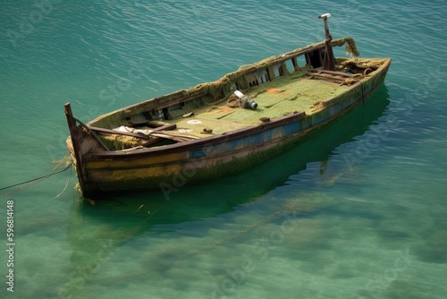A ship wrecked by a storm at sea is on the seashore, generative AI.