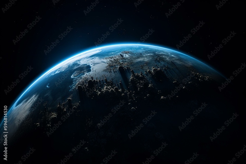 The blue planet in the vast darkness of space. Generative AI