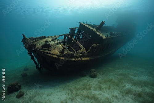 A sunken ship under water is covered with rust and algae  generative AI.