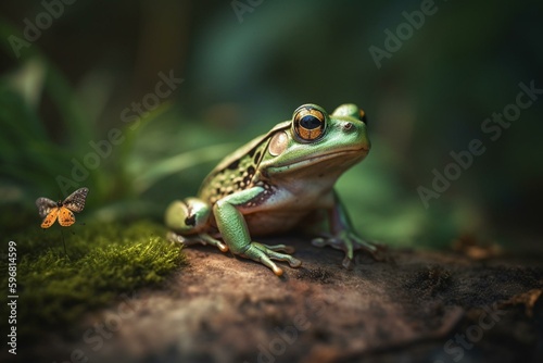 A frog with a butterfly on its nose sits on the ground with a green background. Generative AI © Yseult