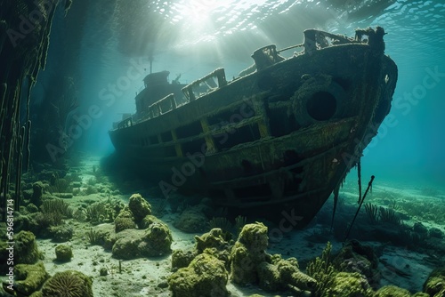 A sunken ship under water is covered with rust and algae, generative AI.