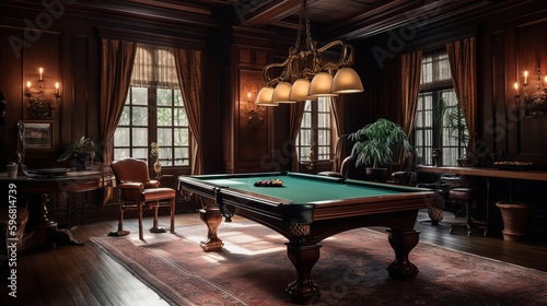 A classic billiard room with a mahogany table and leather chairs. AI generated