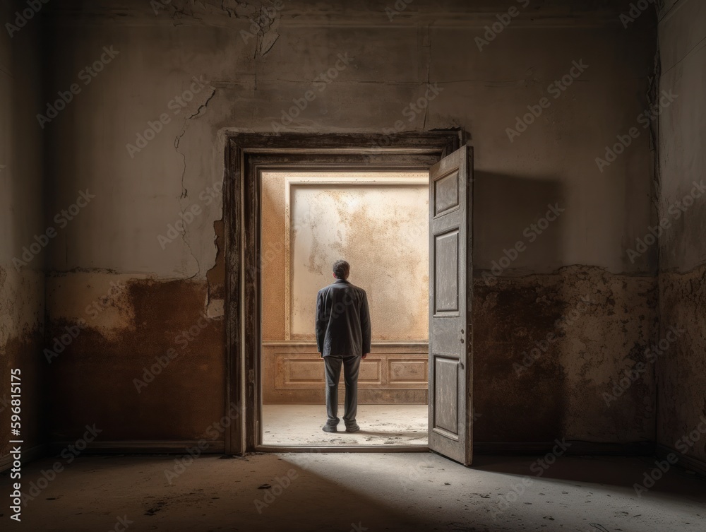 Obraz premium A photo of a person standing in a doorway, with the door acting as a frame for the subject.
