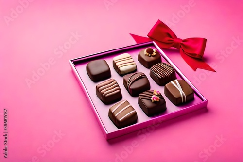 Flat lay Box of delicious chocolate candies and ribbon on pink background with copy space