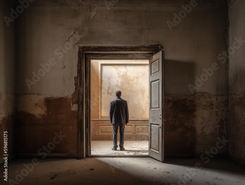 A photo of a person standing in a doorway, with the door acting as a frame for the subject.