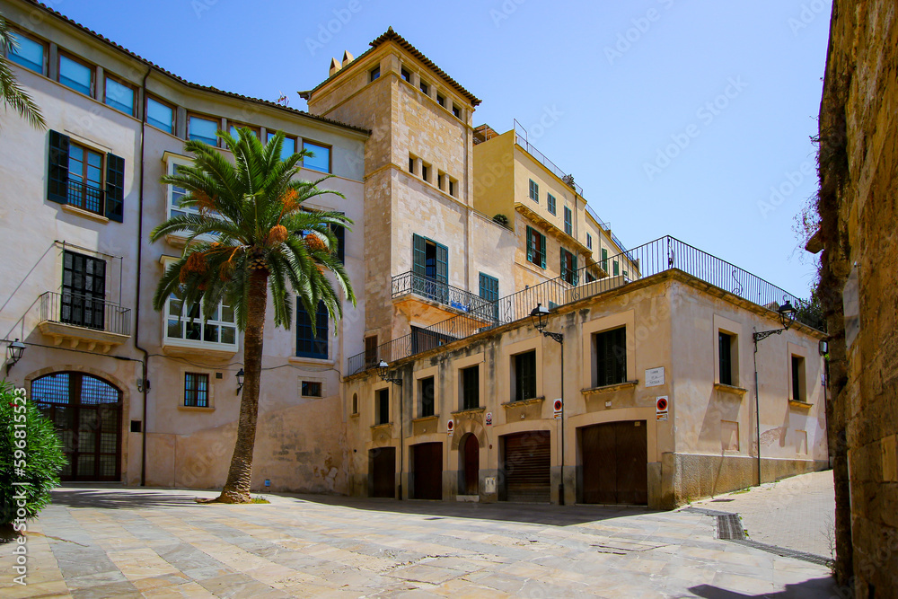 Historical buildings in the old city center of Palma de Mallorca in the Balearic Islands, Spain