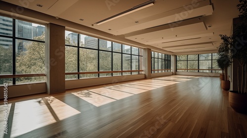 A refreshing yoga studio with bamboo flooring and floor-to-ceiling windows. AI generated