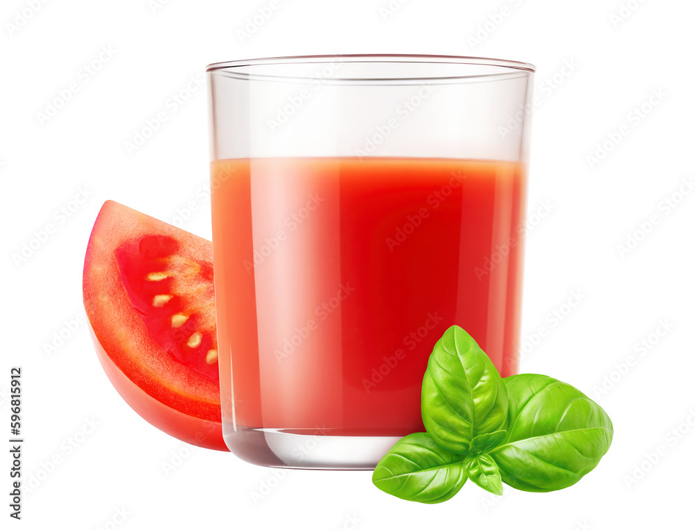 Glass of tomato juice and slice of tomato cutout Glass of tomato juice and slice of tomato cutout