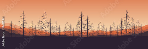 pine tree forest in mountain landscape view scenery silhouette vector illustration good for wallpaper, background, backdrop, banner, and design template