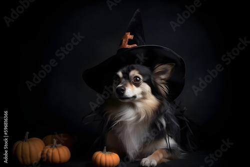 Wallpaper Illustration and background of Halloween, dog. Front view. Concept of halloween party, halloween of pet, dog dressed for halloween. Generative AI.