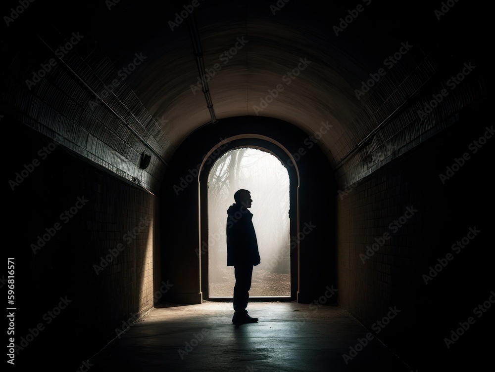 A person standing inside a tunnel or archway, with the opening acting as a frame for the subject