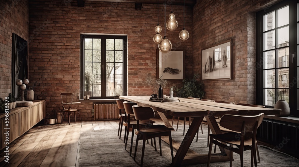 A rustic dining room with a wooden table and exposed brick walls. AI generated
