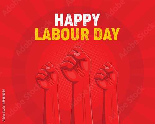Happy Labour Day Vector Poster. Happy Labour Day visual. 1st May Worker's Day design. 3 red hand and red background vector illustrations.